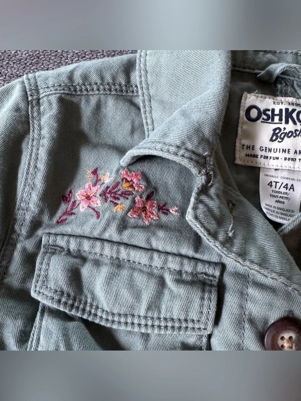 OshKosh B'gosh Girls' Sage Green Button-Front Utility Jacket Embroidered 4T